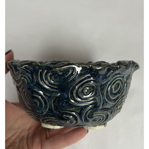 Pottery coil Dish Decorative Handmade bowl stamped DP Blue - Picture 9 of 9